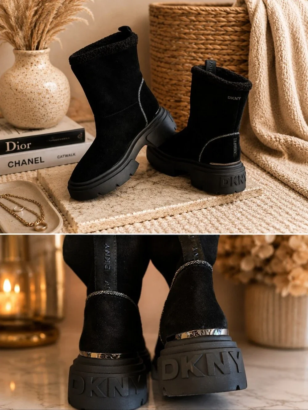 🖤 DKNY Frankie Faux Shearling Lug Heel Boots – Size 6 – NWOB 🖤 RHINESTONES!